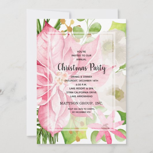クリスマスホリデーピンクポインセチアフローラ招待状 (正面)