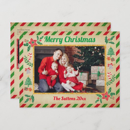 クリスマスホリデーファミリーフォトグリッター航空便 ポストカード (正面/裏面)
