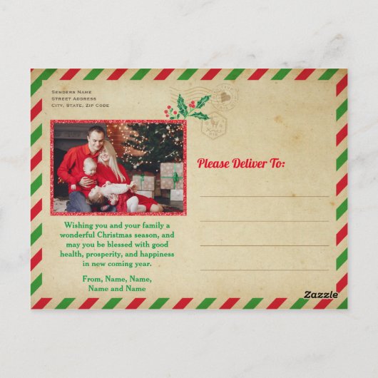 クリスマスホリデーファミリーフォトグリッター航空便 ポストカード (裏面)