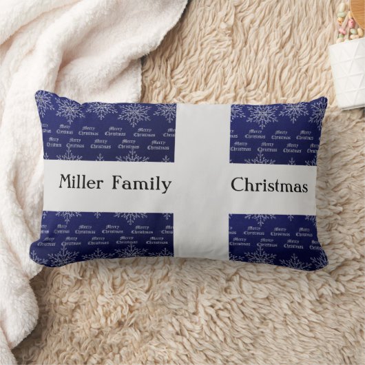 クリスマスホリデーファミリー名ブルーホワイトスノーフレーク ランバークッション (ブランケット)