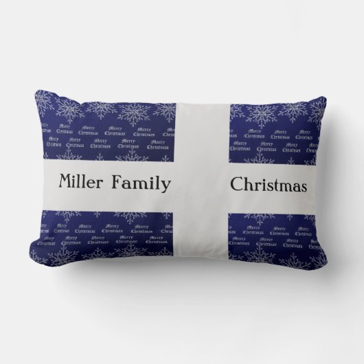 クリスマスホリデーファミリー名ブルーホワイトスノーフレーク ランバークッション (正面)