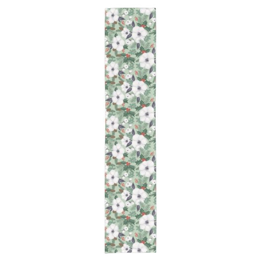 クリスマスホリデーフェスティバルエレガントグリーンフローラ ショートテーブルランナー (正面)