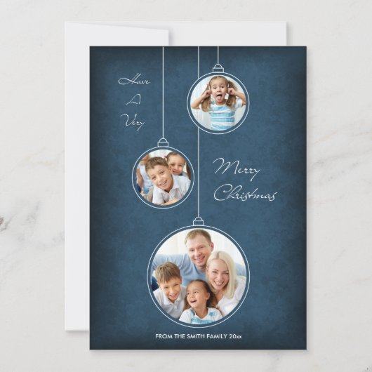 クリスマスホリデーフォトカードブルーオーナメント シーズンカード (正面)