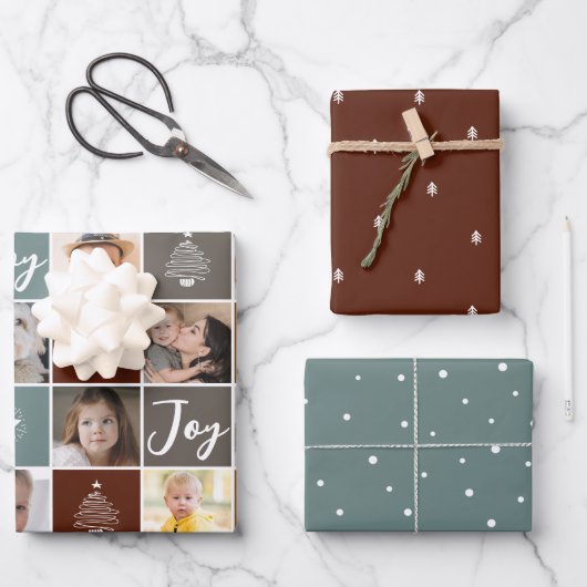 クリスマスホリデーフォトコラージュ雪の木モダン ラッピングペーパーシート (正面)