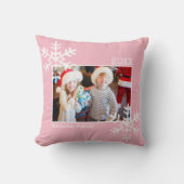 クリスマスホリデーフォトスノーフレークスピンク クッション (正面)