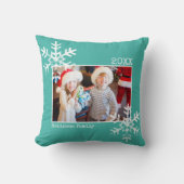 クリスマスホリデーフォトスノーフレークティール（緑がかった色） クッション (正面)