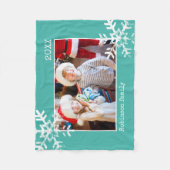 クリスマスホリデーフォトスノーフレークティール（緑がかった色） フリースブランケット (正面)