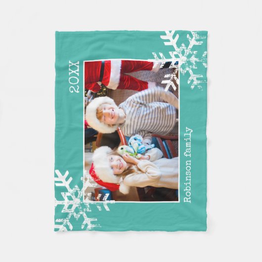 クリスマスホリデーフォトスノーフレークティール(緑がかった色) フリースブランケット (正面)