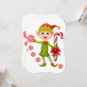 クリスマスホリデーフラットグリーティングカード、小妖精や小人キャンディ カード (正面/裏面インサイチュ)