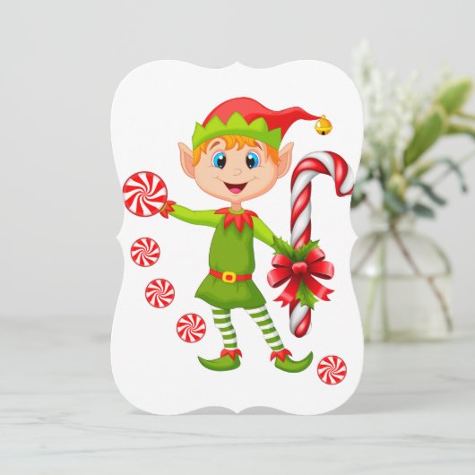 クリスマスホリデーフラットグリーティングカード、小妖精や小人キャンディ カード (スタンド正面)