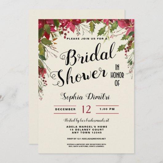 クリスマスホリデーフローラブライダルシャワー招待状 招待状 (正面/裏面)