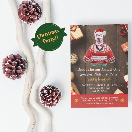 クリスマスホリデーブルテリア醜いセーターパーティー 招待状