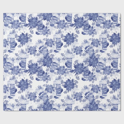 クリスマスホリデーブルーウィンターストッキングポインセチア ラッピングペーパー (フラット)