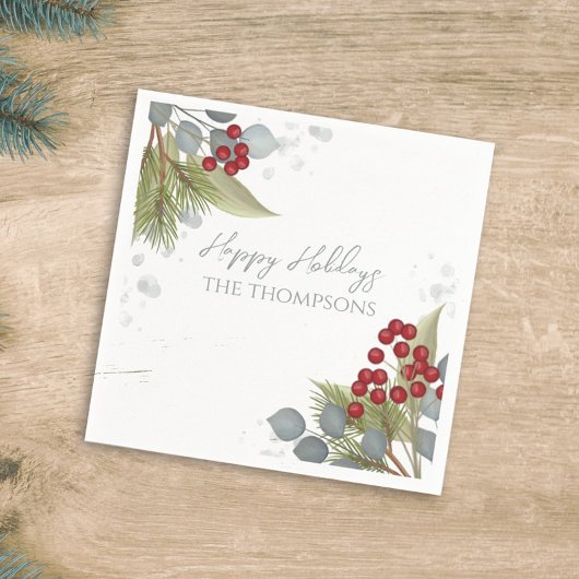 クリスマスホリデーホリーベリーグリーンリーシルバー スタンダードカクテルナプキン