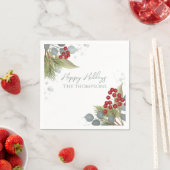 クリスマスホリデーホリーベリーグリーンリーシルバー スタンダードカクテルナプキン (インサイチュ)