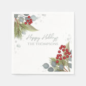 クリスマスホリデーホリーベリーグリーンリーシルバー スタンダードカクテルナプキン (正面)