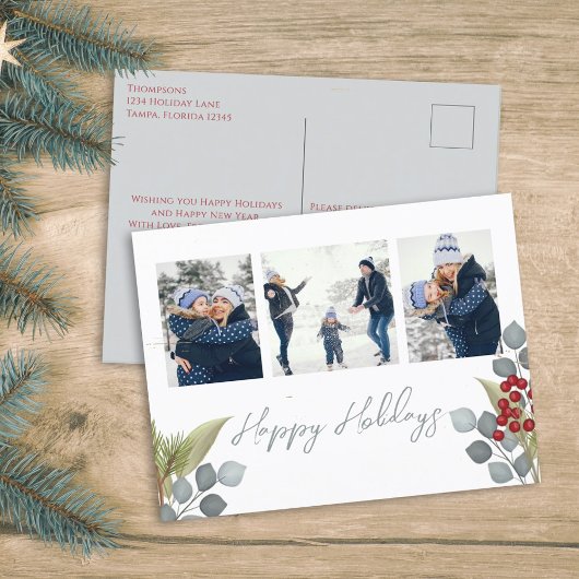 クリスマスホリデーホリーベリーグリーンリー3写真 シーズンポストカード