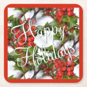 クリスマスホリデーホリー葉ズレッドベリーパターン スクエアペーパーコースター (正面)