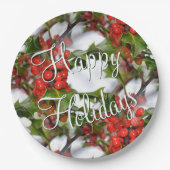 クリスマスホリデーホリー葉ズレッドベリーパターン ペーパープレート (正面)