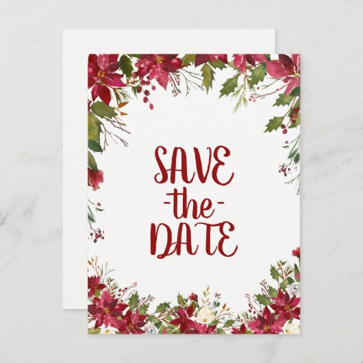 クリスマスホリデーポインセチア結婚式の日付を保存 案内ポストカード (正面/裏面)
