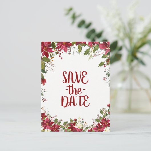 クリスマスホリデーポインセチア結婚式の日付を保存 案内ポストカード (スタンド正面)