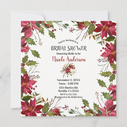 クリスマスホリデーポインセティアフラワーブライダルシャワー 招待状 (正面)