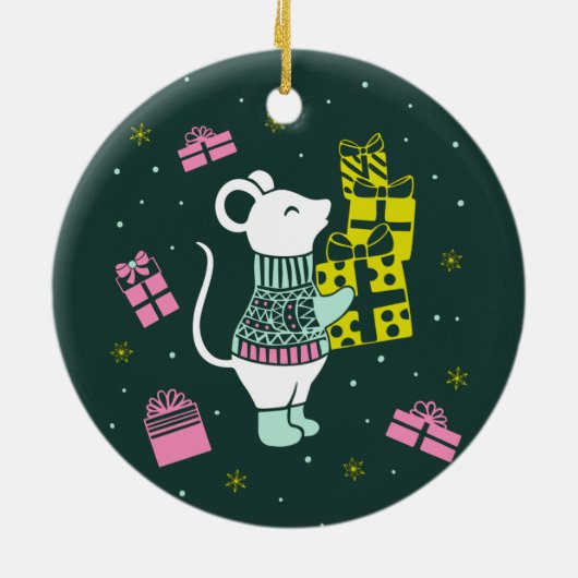 クリスマスホリデーマウスとプレゼントイラストレーション セラミックオーナメント (裏面)