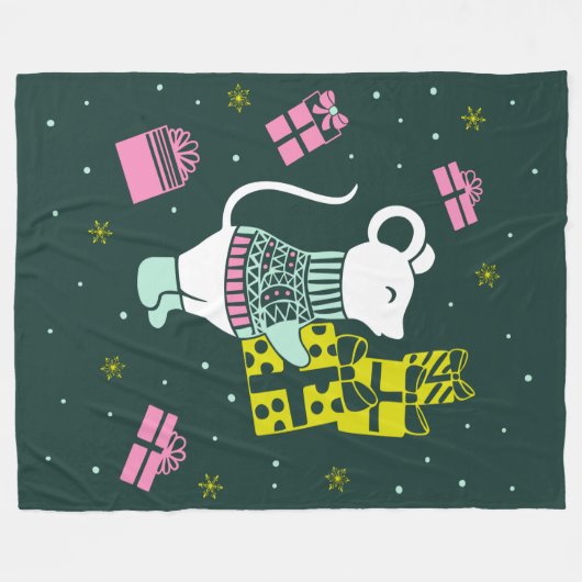 クリスマスホリデーマウスとプレゼントイラストレーション フリースブランケット (正面(横))