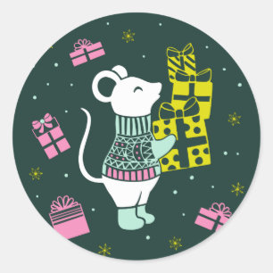 クリスマスホリデーマウスとプレゼントイラストレーション ラウンドシール