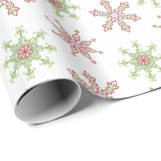 クリスマスホリデーモダンかわいい赤い緑の雪片 ラッピングペーパー (ロールコーナー)