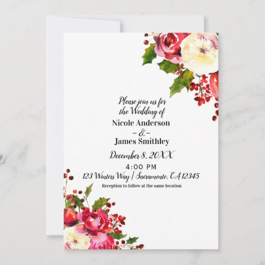 クリスマスホリデーモダンウィンターウェディングフローラ 招待状 (正面)