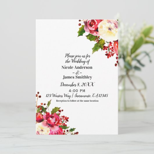 クリスマスホリデーモダンウィンターウェディングフローラ 招待状 (スタンド正面)