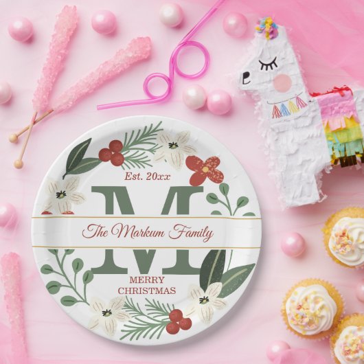 クリスマスホリデーリースモノグラム |クリスマスの名前 ペーパープレート (パーティー)