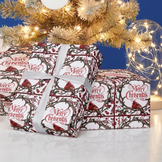 クリスマスホリデーリース（鳥）ショウジョウコウカンチョウレッドベリー ラッピングペーパー (クリスマス)