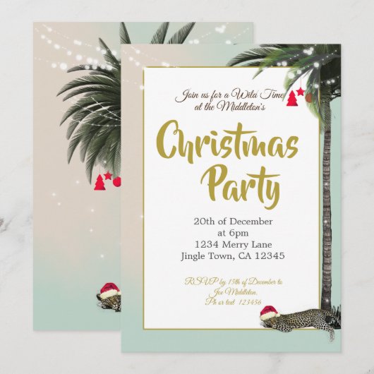 クリスマスホリデーレオパードのパームストリングライト 招待状 (正面/裏面)