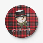 クリスマスホリデーレッドアンドブラックタータンチェック雪だるま ペーパープレート (正面)