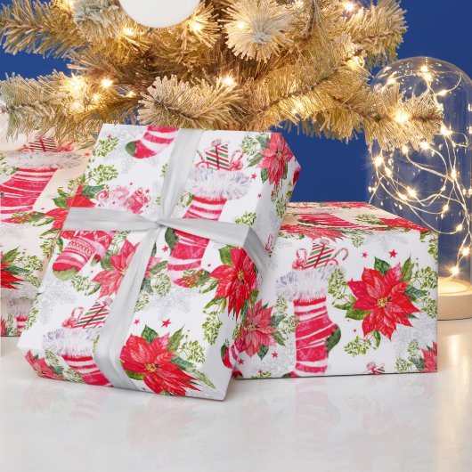 クリスマスホリデーレッドウィンターストッキングポインセチア ラッピングペーパー (クリスマス)
