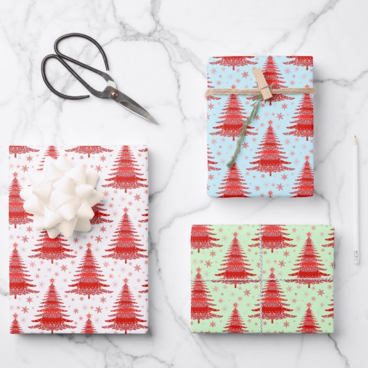 クリスマスホリデーレッドツリーズパターンギフト ラッピングペーパーシート (正面)