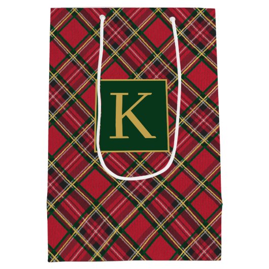 クリスマスホリデーレッドプレイドゴールドフォイルモノグラム ミディアムペーパーバッグ (裏面)