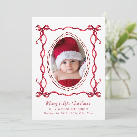 クリスマスホリデーレッドボウ写真誕生のお知らせ シーズンカード (スタンド正面)