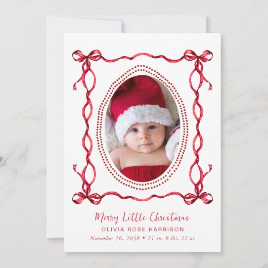 クリスマスホリデーレッドボウ写真誕生のお知らせ シーズンカード (正面)