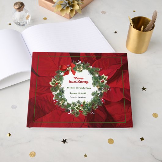 クリスマスホリデーレッドポインセチアカスタム ゲストブック (正面見開き)