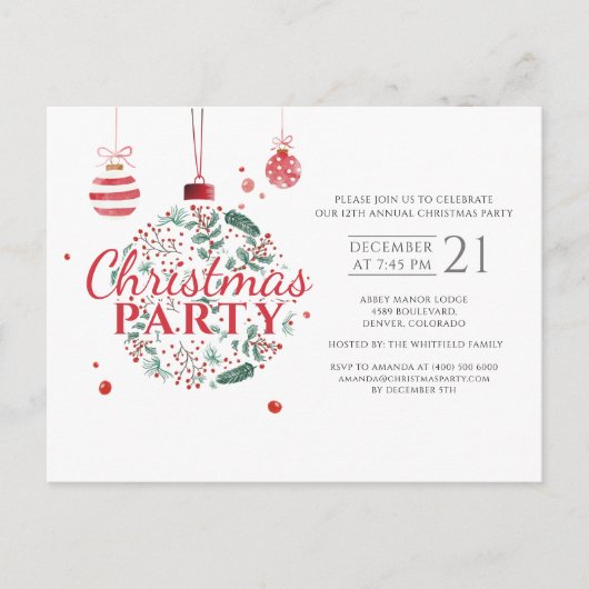 クリスマスホリデーレッド&グリーンパーティー インビテーションポストカード (正面)