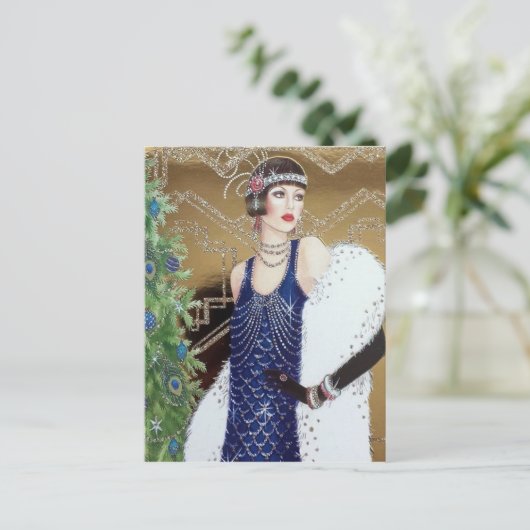 クリスマスホリデーレトロヴィンテージアートデコの女性 シーズンポストカード (スタンド正面)