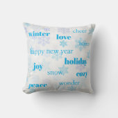 クリスマスホリデーワードタイポグラフィブルースノーフレーク クッション (正面)