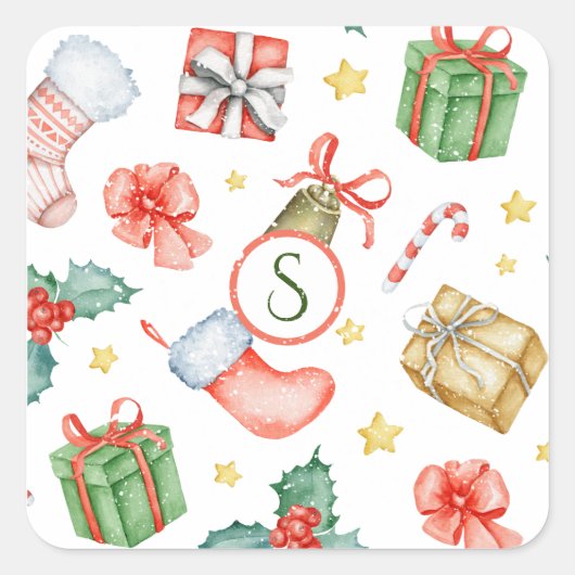 クリスマスホリデーヴィンテージウォーターカラーモノグラム スクエアシール (正面)