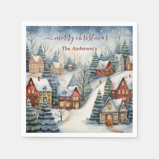クリスマスホリデーヴィンテージハウススノーパーティー スタンダードカクテルナプキン (正面)