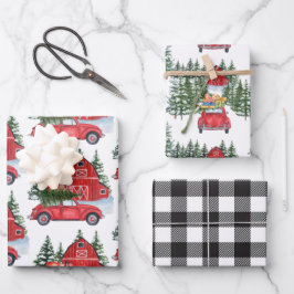 クリスマスホリデーヴィンテージレッドカーバーンツリーブラック ラッピングペーパーシート