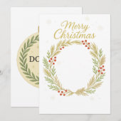 クリスマスホリデー写真カードテンプレート - ゴールドのリース 招待状 (正面/裏面)