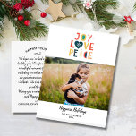 クリスマスホリデー写真手描き喜び平和愛 ポストカード<br><div class="desc">横向き写真に手書きの「Joy Peace Love」文字をアクセント付いたこのハガキで楽しい休日応援を広げる裏面は、型付きの休日ノートの宇宙や削除と手書き宇宙を備え離れた1つの手書き。また、差出人住所を追加。おもしろいとモダンもシンプルフェスティバル – クリスマスの愛と喜びを広めるのに最適。</div>